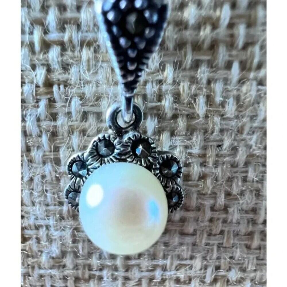 925 Sterling Silver Real Pearl & Marcasites Necklace 18”